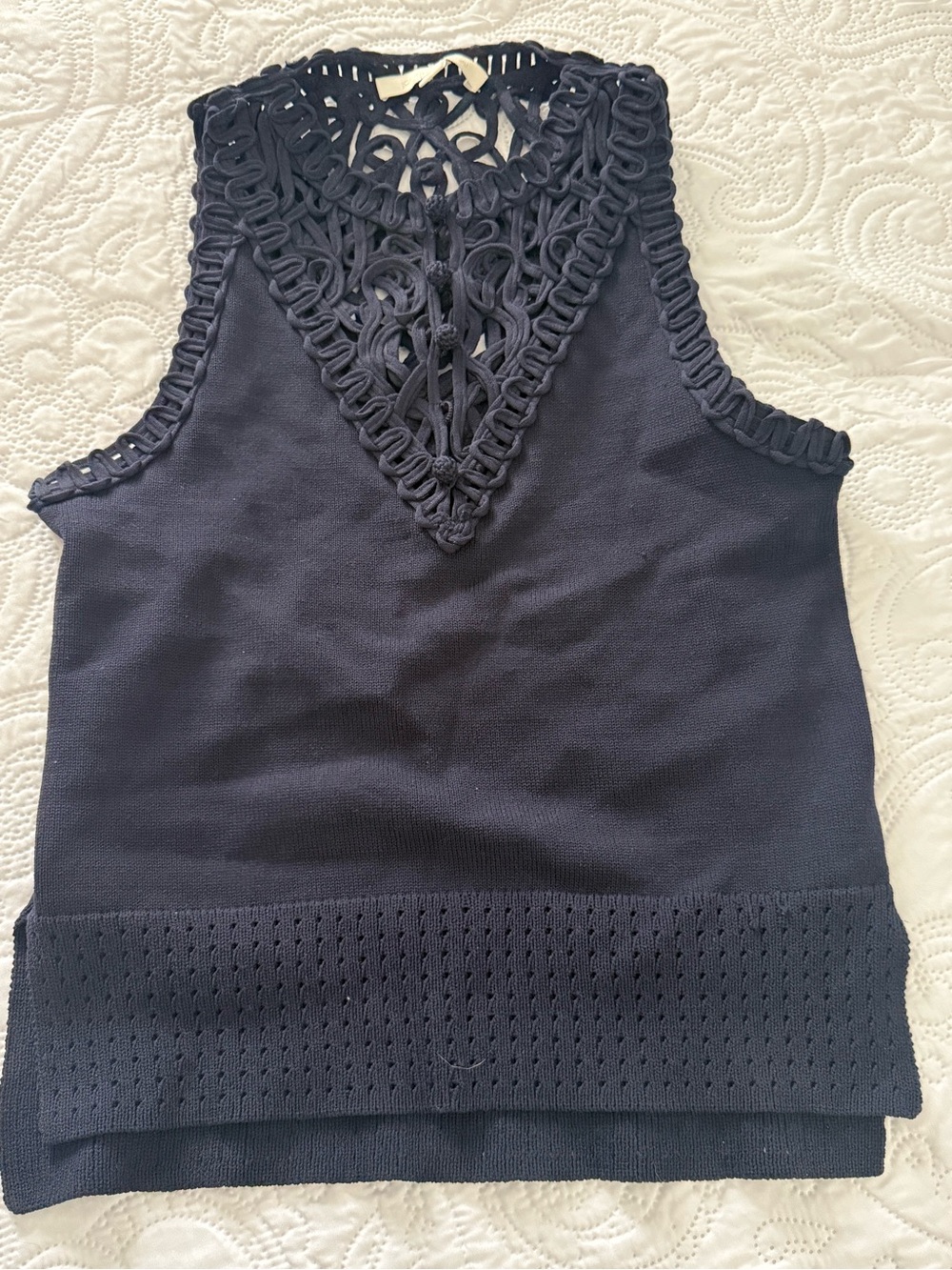 Jonathan Simkhai Navy Crochet-Trim Sleeveless Knit Top